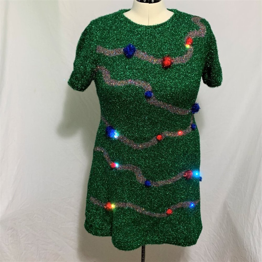 Ugly Christmas Dress Tinsel Christmas Tree Fit Flare Light-Up Junior Women S